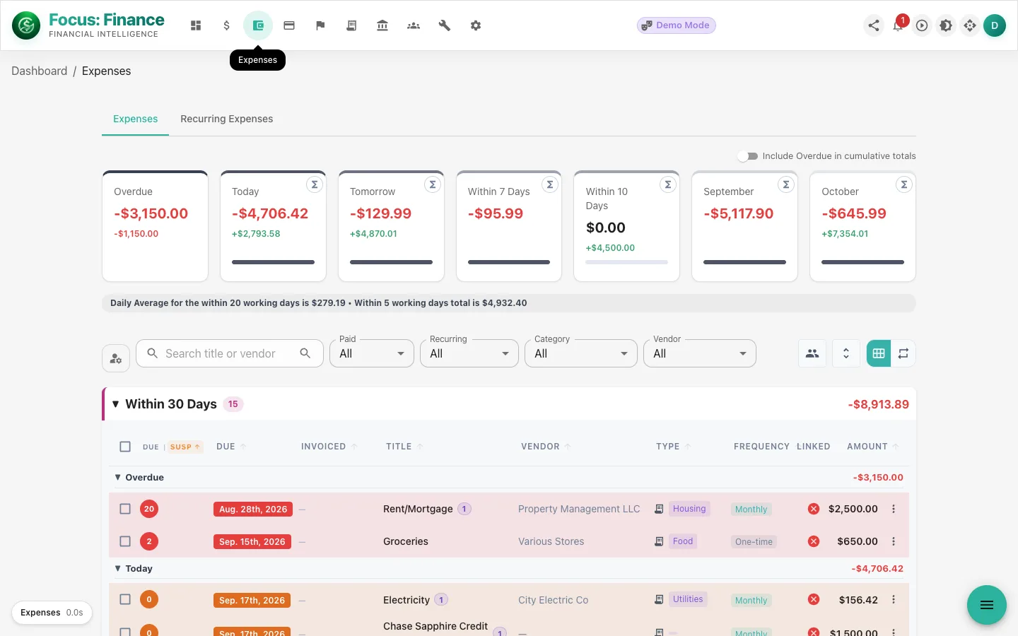 Focus: Finance expenses list with recurring bills